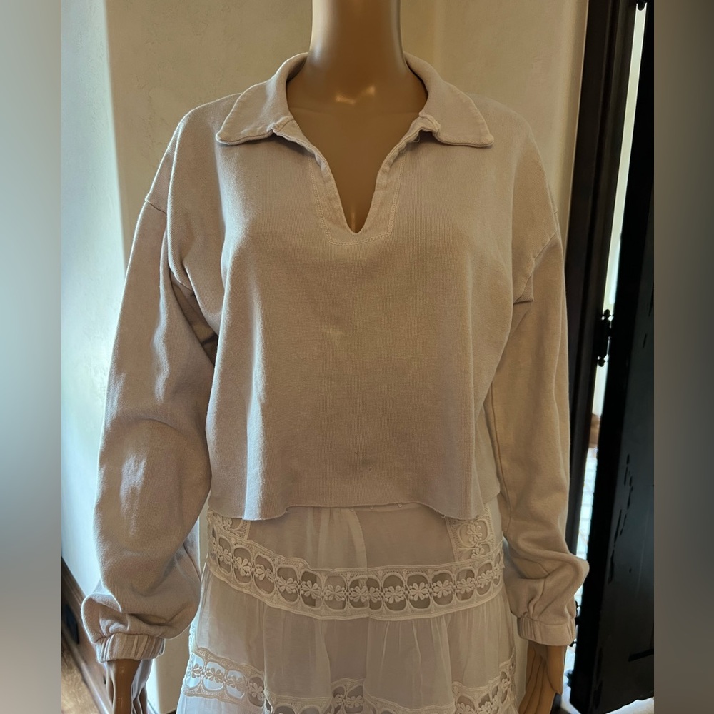 Hashtag Collared Beige Crop Shirt